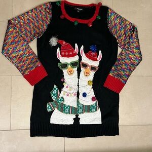 Festive Llama Sweater with Multicolor Sleeves